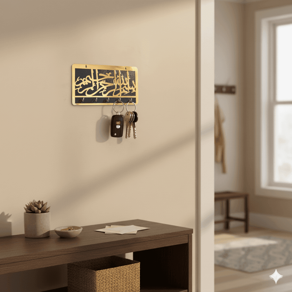 Bismillah Wooden Key Holder | Arabic Islamic Wall Decor & Gift (Golden Finish)