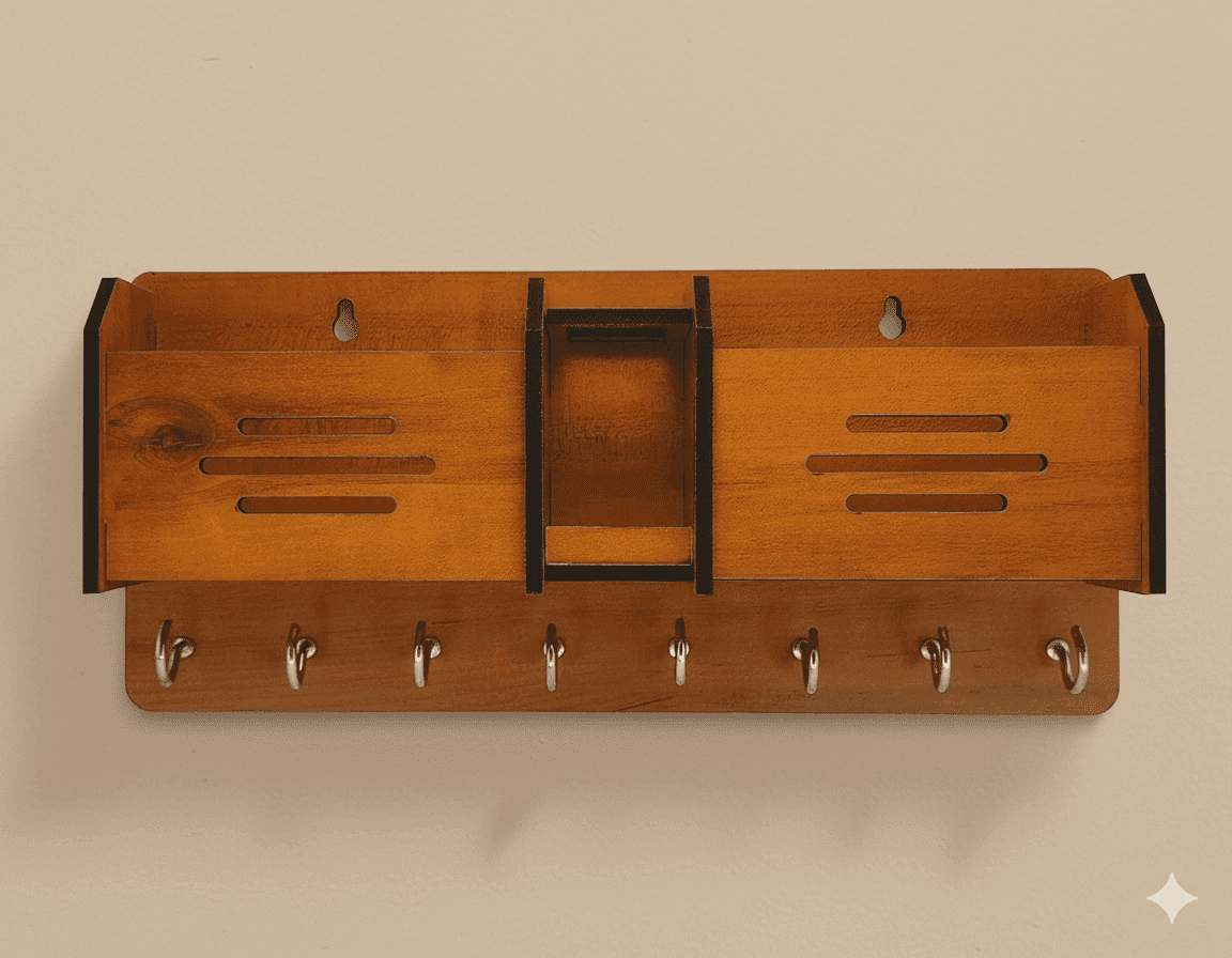 Multipurpose Wooden Key Holder & Wall Organizer | Mobile Charging Stand & Home Decoration Item