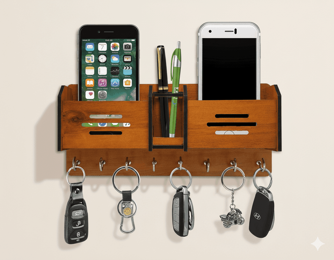 Multipurpose Wooden Key Holder & Wall Organizer | Mobile Charging Stand & Home Decoration Item