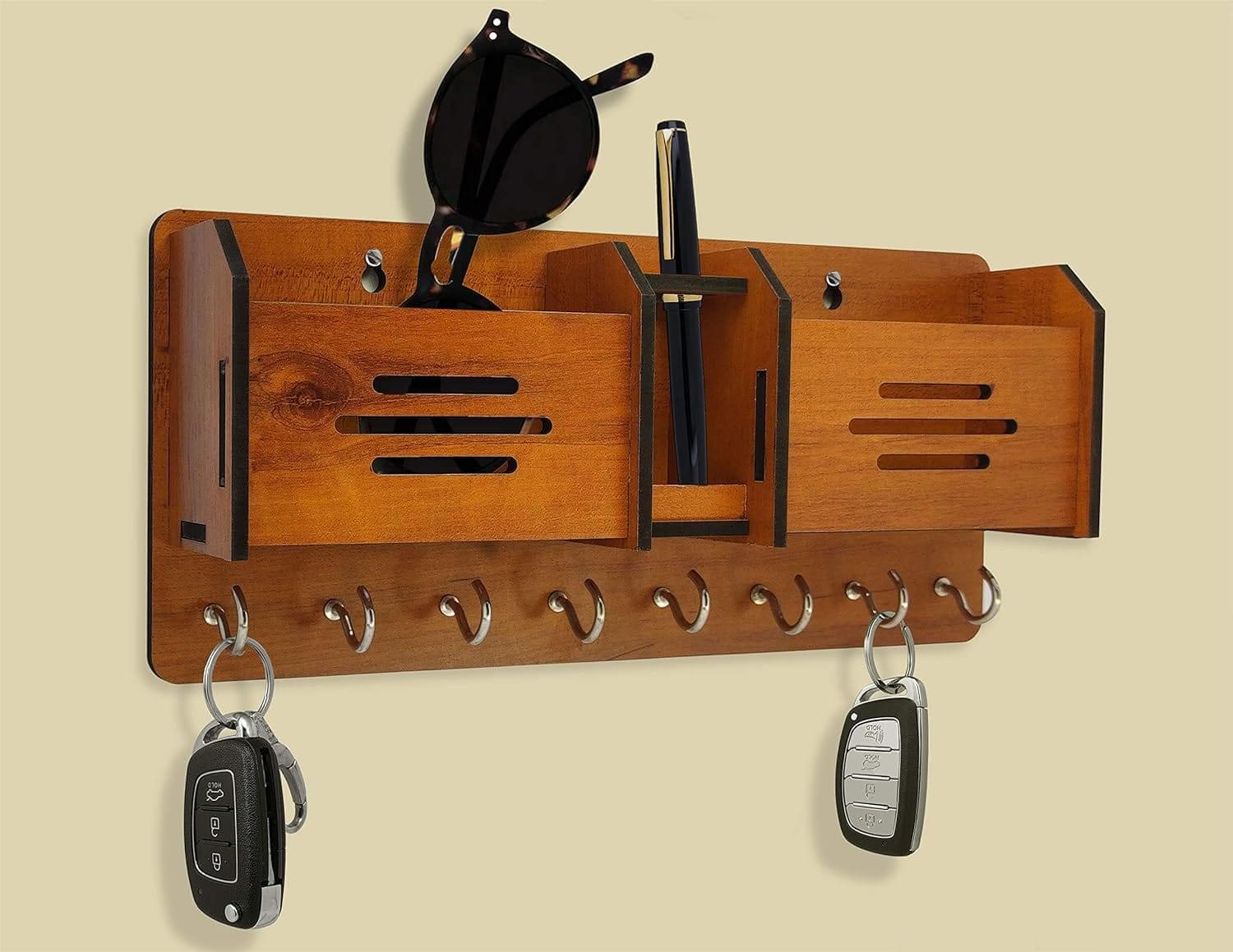 Multipurpose Wooden Key Holder & Wall Organizer | Mobile Charging Stand & Home Decoration Item